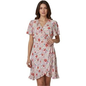 Skies are Blue Pink Floral Ruffled High Low Mini Wrap Dress S